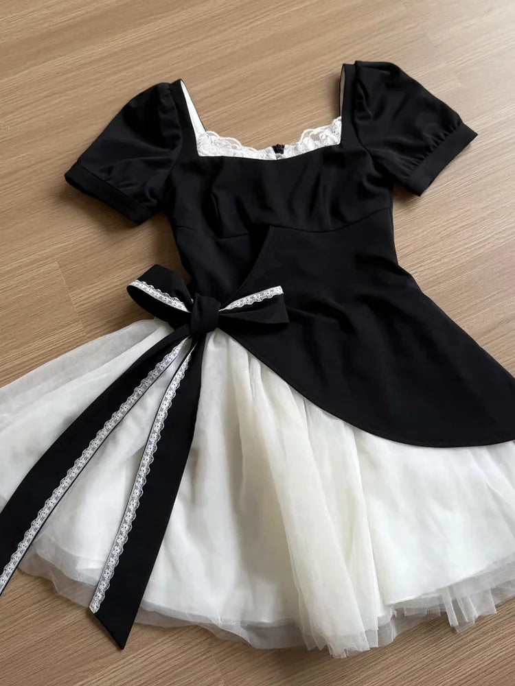 Cyflymder  Mesh Patchwork Sweet Dress Women Retro Cute Bow Slim Short Sleeve Mini Dress Casual Square Collar French Elegant Vestidos