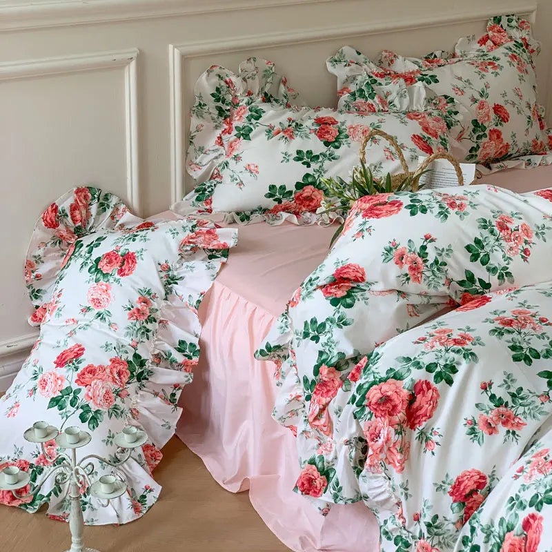 Cyflymder  French Vintage Bed Skirt Bedding Set 100% Cotton Rose Print Linen Set Lace Ruffles Duvet Cover Bed Sheet Fitted Sheet Pillowcase