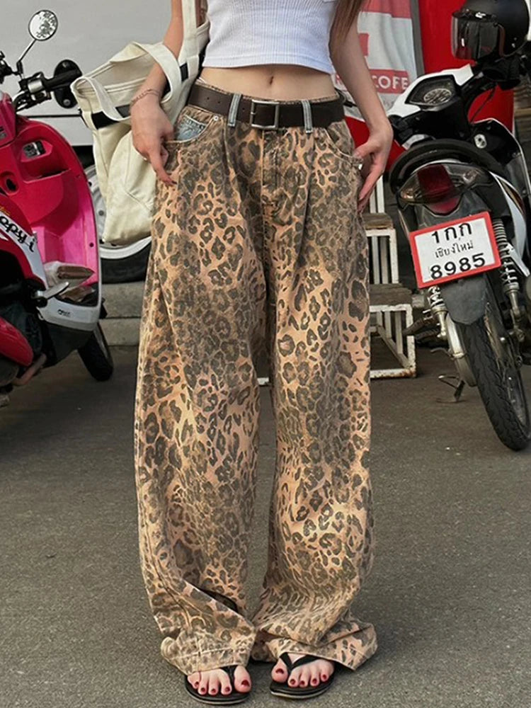 Cyflymder  Retro Splicing High Waist plus Size Slimming Leopard Print Design Casual Sle Women's Jeans Autumn New Arrival