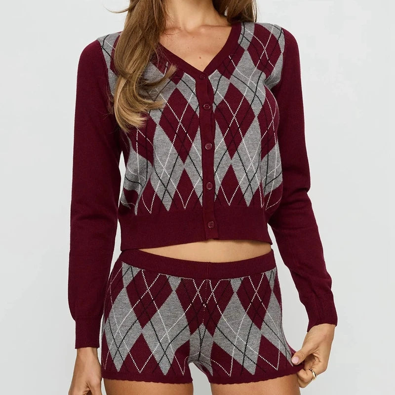 Cyflymder  Argyle Plaid Knitted 2 Piece Set Vintage Botton Up Long Sleeve Sweater Cardigans + Slim Fit Shorts Y2k Women Outfits