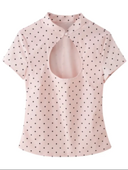 Cyflymder  Women's Pink Polka Dot Cut Out Neck Crop Shirt Elegant Short Sleeve Ruched Fitted Blouse Ladies Office Daily Streetwear Top