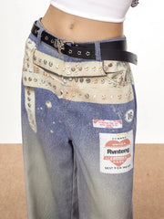 Cyflymder  Blue Vintage Graphic Women Distressed Jeans Washed Wide Leg American Style Straight Denim Trousers Baggy Casual Gyaru