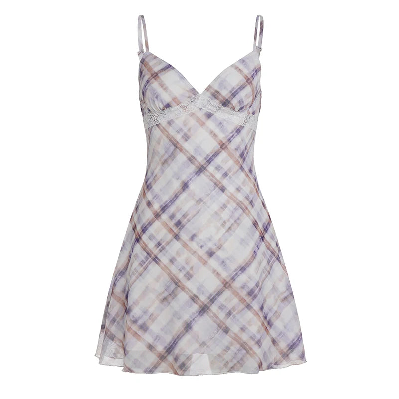 Cyflymder  Casual Grid Contrasting Color V-neck Straps Dress Holiday Fashion Lace Patchwork Slimming A-line Mini Dress Women Trend