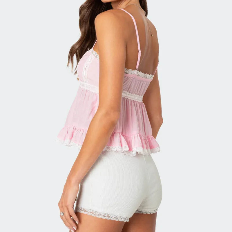 Cyflymder  Lace Trim Babydoll Camis Y2k Fairycore Peplum Crop Tops 00s Aesthetic Backless Tank Tops Women Milkmaid Vest Holiday