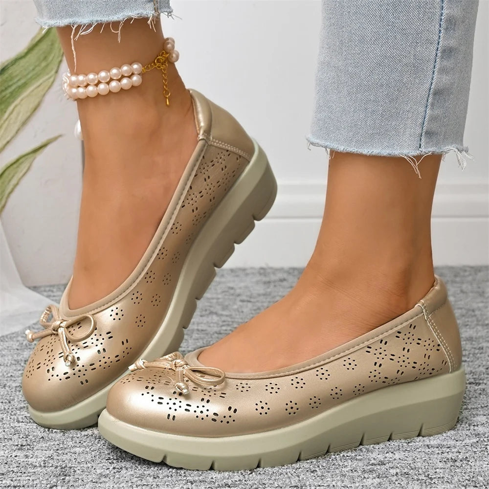 Cyflymder  Big SIZE 42 Summer Classic 3.5cm Mid Heels Shoes Women Hollow Out Round Toe Slip On Loafers Pumps Footwear