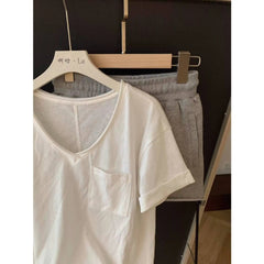 Cyflymder   Simple Lazy Wind V-neck White Short-sleeved Pajamas Women's Summer T-shirt Shorts Loungewear Set