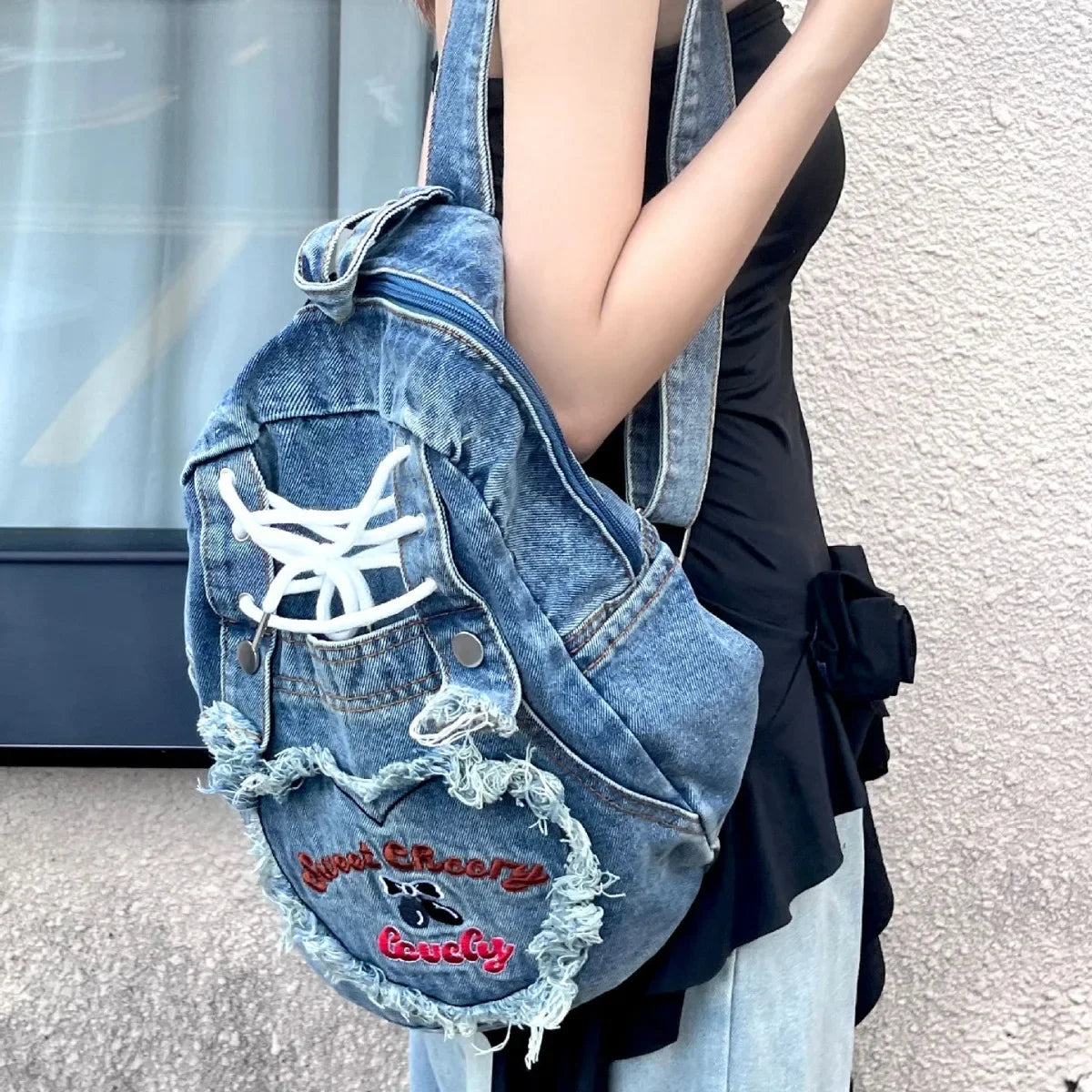Cyflymder  Cute Pink Denim Women Backpacks Large capacity shoulder Bags Girls School Bags Embroidered letters daypacks Travel Jean Bagpack