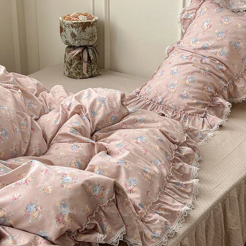 Cyflymder  Korean Princess Style Ruffles Flower Print Bedding Set Duvet Cover Set Bed Skirt Bedspread Pillowcases 100% Cotton Home Textile