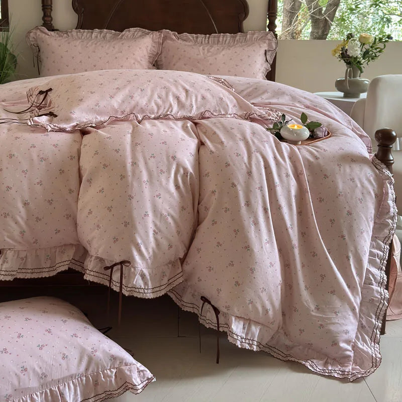 Cyflymder  100% Cotton Pastoral Floral Print Ruffles Bow Princess Bedding Set Queen King Duvet Cover Set Bed Sheet/Fitted Sheet Pillowcases