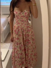 Cyflymder  Elegant Maxi Dress For Women Thin Spaghetti Strap Sweetheart Neck Lace Trim Floral Print Long Skirt Lady's Party Dating Frock