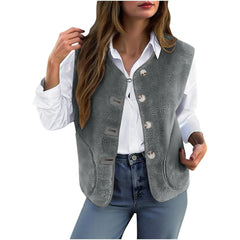 Cyflymder  Women Fuzzy Lambswool Vest Winter Buttons Up Sleeveless V-Neck Waistcoats Fleece Warm Solid Color Loose Casual Outwear Jackets