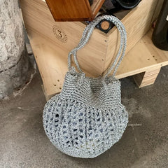 Cyflymder  Hollow Silver Bucket Bag Tote Metal Texture Woven Shoulder Bags for Women Handmade Crochet Knitting Handbag Shopper Tote Hobos