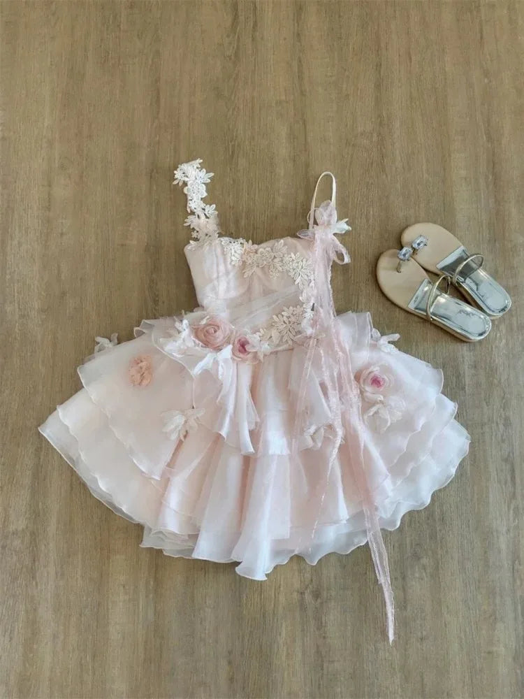 Cyflymder  New Pink Fairy Lace Fluffy Mini Dress Girl Summer Sweet Floral Mesh Ruffle Dresses Aesthetic Party Sleeveless Slim Clothing