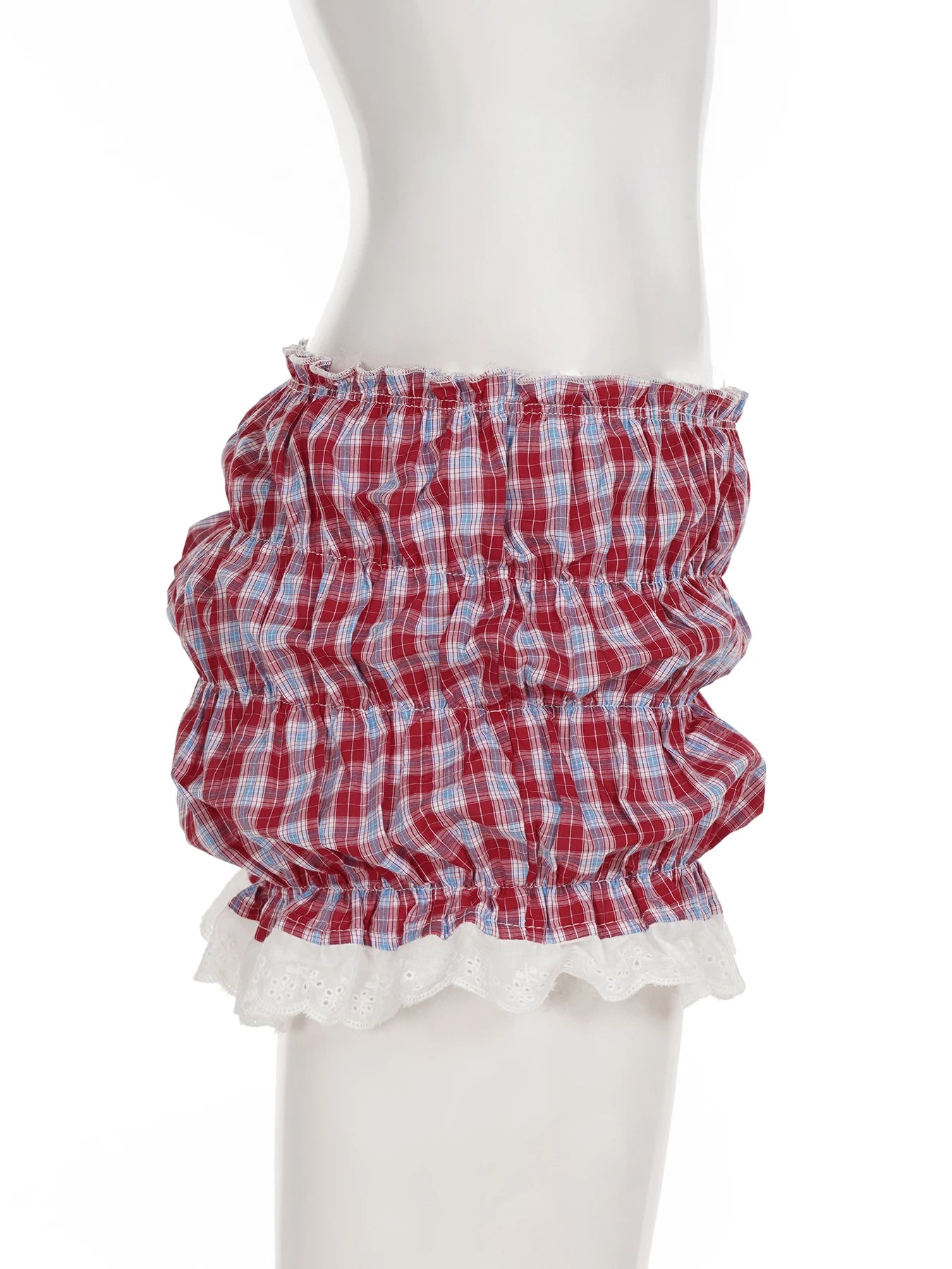 Cyflymder  Sweet Plaid Lace Trim Low-Waisted Shorts Slim Patchwork Low-Waisted Shirts Women Summer Fashion Streetwear Ladies