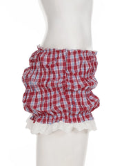 Cyflymder  Sweet Plaid Lace Trim Low-Waisted Shorts Slim Patchwork Low-Waisted Shirts Women Summer Fashion Streetwear Ladies