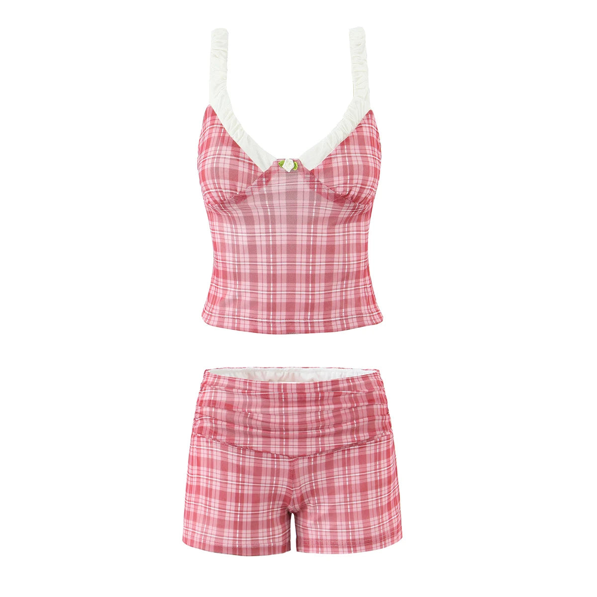 Cyflymder  2 pieces 1 set 2025 Sexy Mesh Plaid Contrast Color Elastic Strap Camisole Tank top + Ruched Low Waist Mini Shorts Skinny Suits