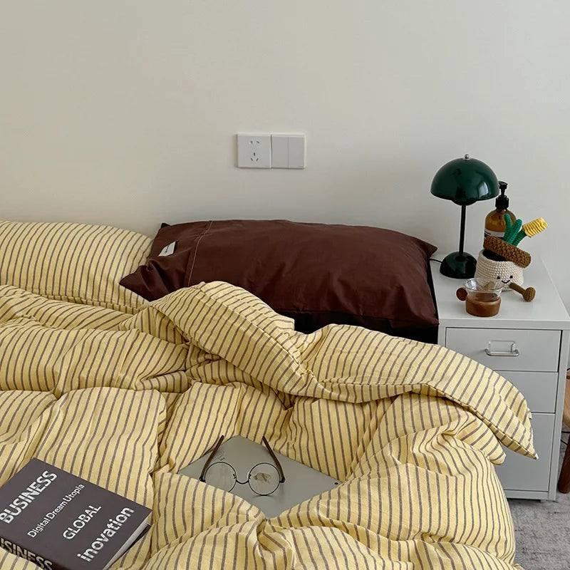 Cyflymder Striped Printed 100% Cotton Bedding Set European Cozy Bedsheet Kit for Adults Kids Soft Twin Full Queen King Size Bed Sets