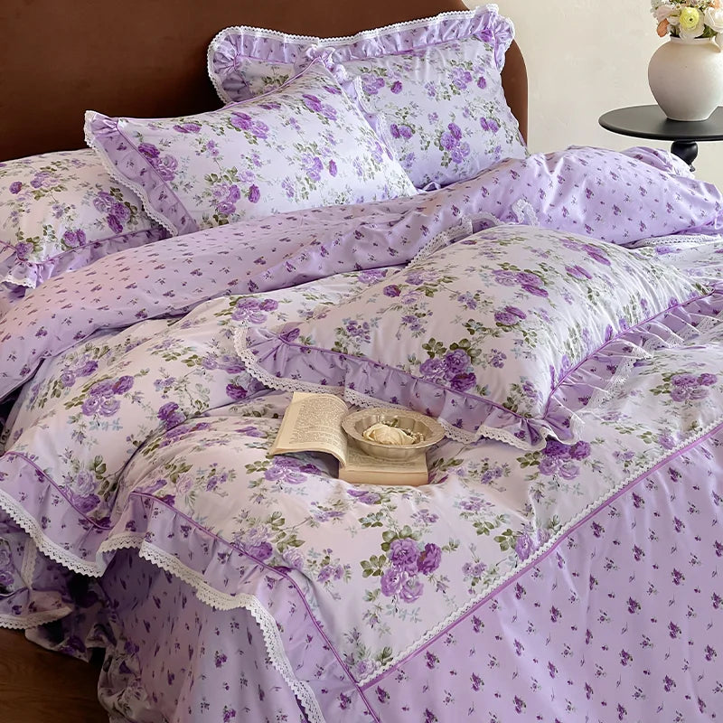 Cyflymder  Rustic Vintage French Rose Floral Ruffles 100% Cotton Bedding Set Duvet Cover Set Flat/Fitted Bed Sheet Pillowcases 4Pcs
