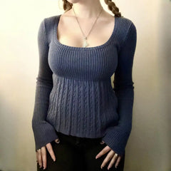Cyflymder  Women Y2K Square Neck Cable Knit Top Long Sleeve Slim Fit Ribbed Knitted Tee Casual Retro Solid Color Fall Winter Basic Sweater