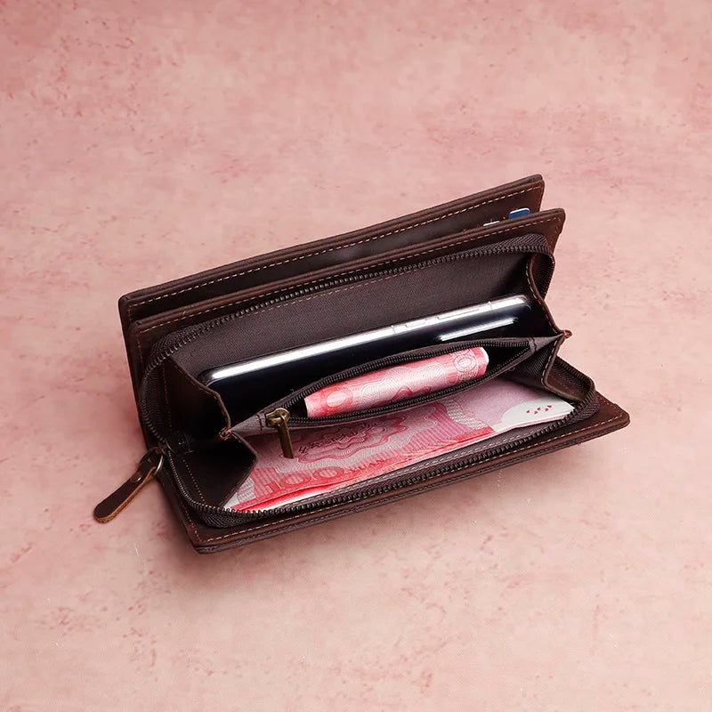 Cyflymder  New Men's Leather Wallet Clutch Bag Large-capacity Card Case Coin Purse First Layer Cowhide Long Wallet Dinner Party Phone Bag