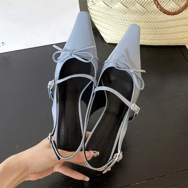 Cyflymder  Blue Patent Leather  Women Sexy Pointy Toe Bow Decorated Heeled Sandals Summer Elegant Slingbacks Dress  Pumps