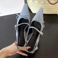 Cyflymder  Blue Patent Leather  Women Sexy Pointy Toe Bow Decorated Heeled Sandals Summer Elegant Slingbacks Dress  Pumps
