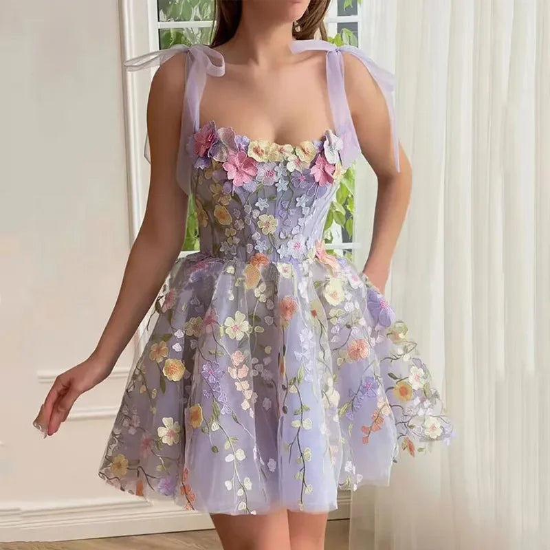 Cyflymder  Fashionable Embroidered Women's Tank Dress Sexy Sleeveless Evening Dress 3D Flower Design Cross-border Delivery