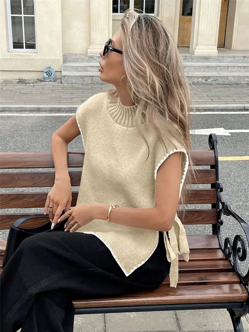 Cyflymder  Street Sle Loose Fit Women's Svel Sweater Vest  Knot Tied Color Blo Design Autumn Faion Polyester Fiber