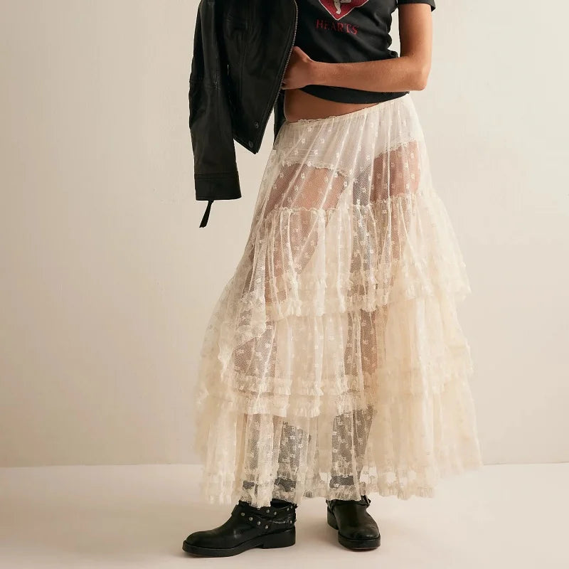 Cyflymder  Women Lace Midi Skirts Y2K Sheer Mesh Low Rise Asymmetrical Skirts Sexy See Through Flowy Beach Cover Up Skirt