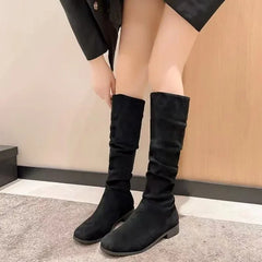 Cyflymder Winter new women's boots: low-heeled nude pleated suede high boots, black long boots, large-sized round-toe fashionable boots