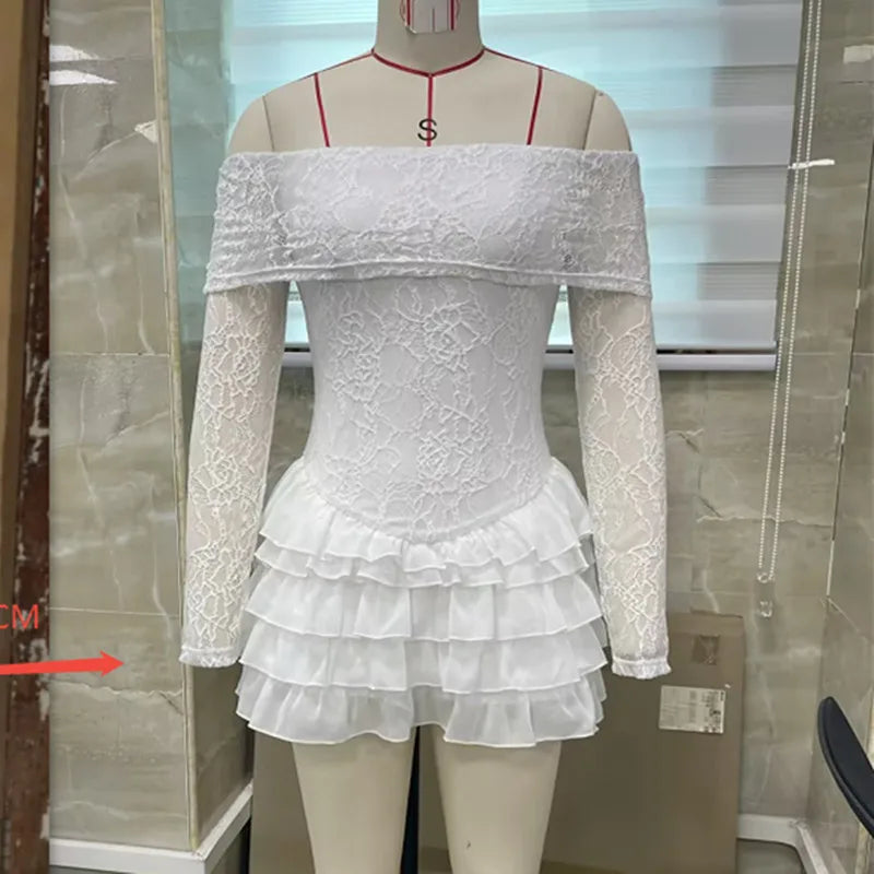 Cyflymder  Long Sleeve Lace Mini Dress for Women Sexy Low Cut Going Out Dress Y2k Off Shoulder Hollow Floral Hip-Wrapped Dress