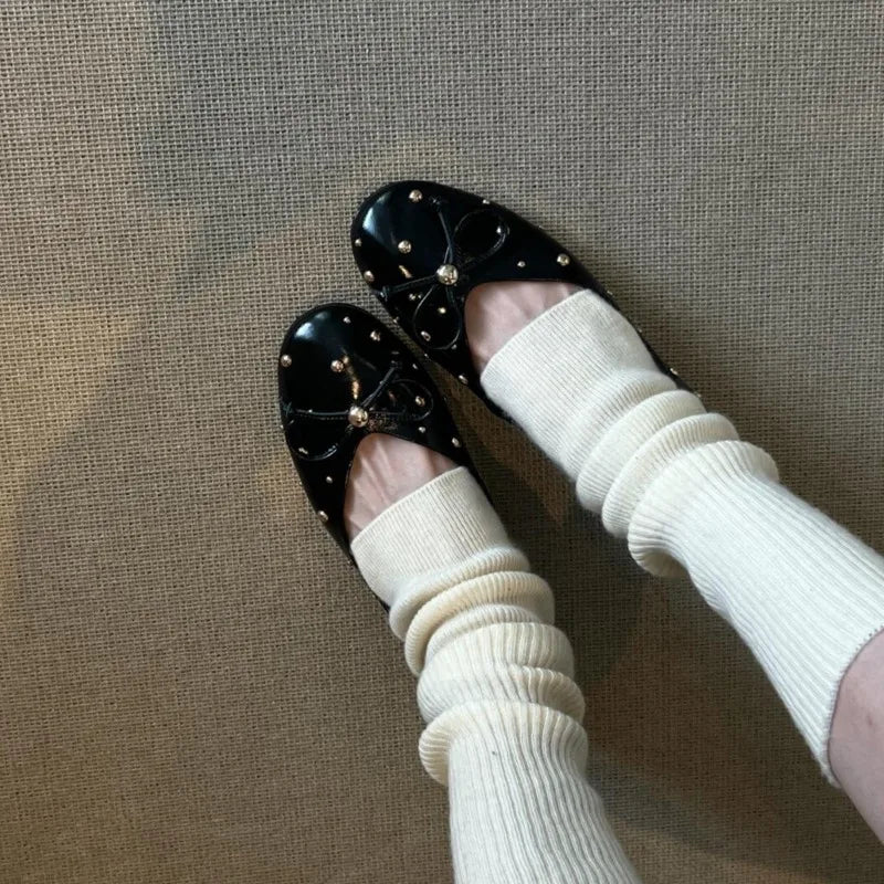 Cyflymder  Bordered Rivets Pumps Bows Leather  Round Toe Flat with Slip-On Fashion Concise Sweet Sexy Luxury Women Outdoor Shoes New