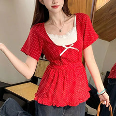 Cyflymder  Polka Dot Stylish Bow Waist Shirts Female clothing Two Piece Set Summer New Square Collar Vintage Short Sleeve Lace Folds Blouse
