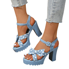 Cyflymder  Summer Tie Bow Dot Open Toe Thick Heel Round Head Banquet High Heel Sandals Fashionable Hollow Fish Mouth Casual Women's Shoes