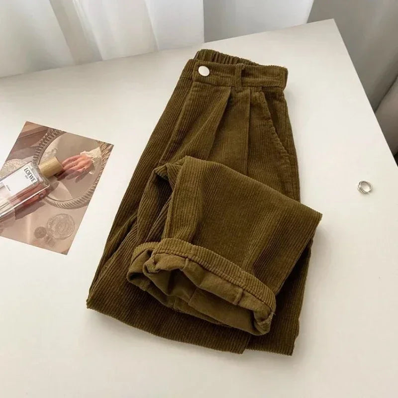 Cyflymder Retro High Waist Corduroy Pants Women Spring Fall Straight Causal Full Length Trousers Korean Fashion Baggy Outwear Pant