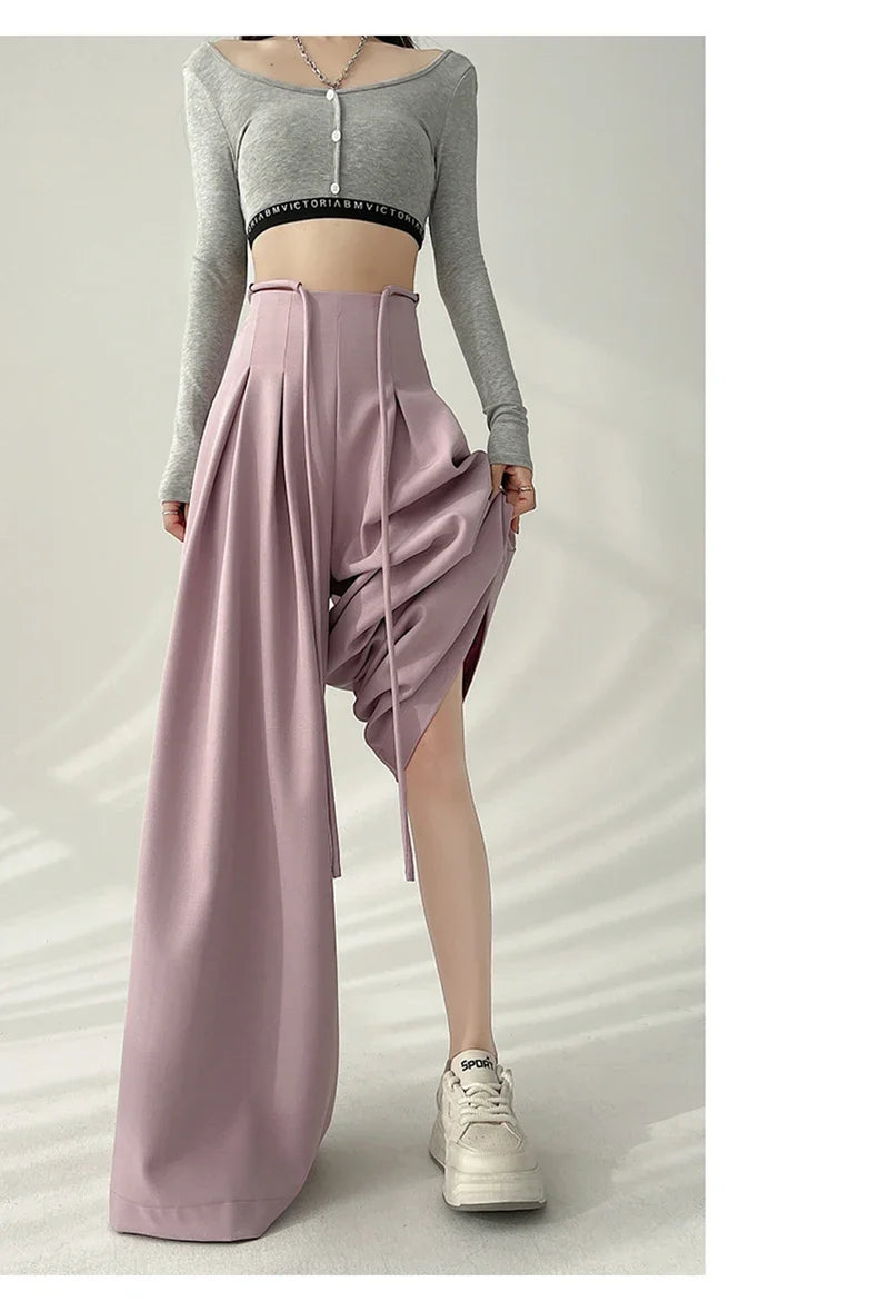 Cyflymder  Streetwear Wide Leg Pants Women Korean Black High Waist Suit Pants Summer Fashion Elegant Lace Up Straight Trousers New
