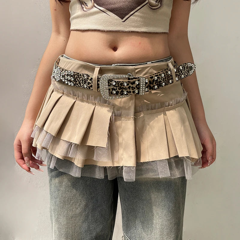 Cyflymder Fairycore Grunge A-line Cargo Skirt Khaki Low-waisted Mesh Patchwork Pleated Super-short Skirts Layering Bottoms Street