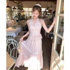 Cyflymder  French Lace V-neck Halter Neck Camisole Top High Waisted Cake Skirt Two-piece Set for Women