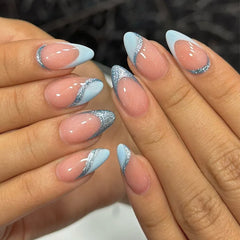 Cyflymder  24Pcs French Fake Nails Press on Almond White Wave False Nails Removable Long Full Cover Nail Tips Finished Fingernails Nail Art