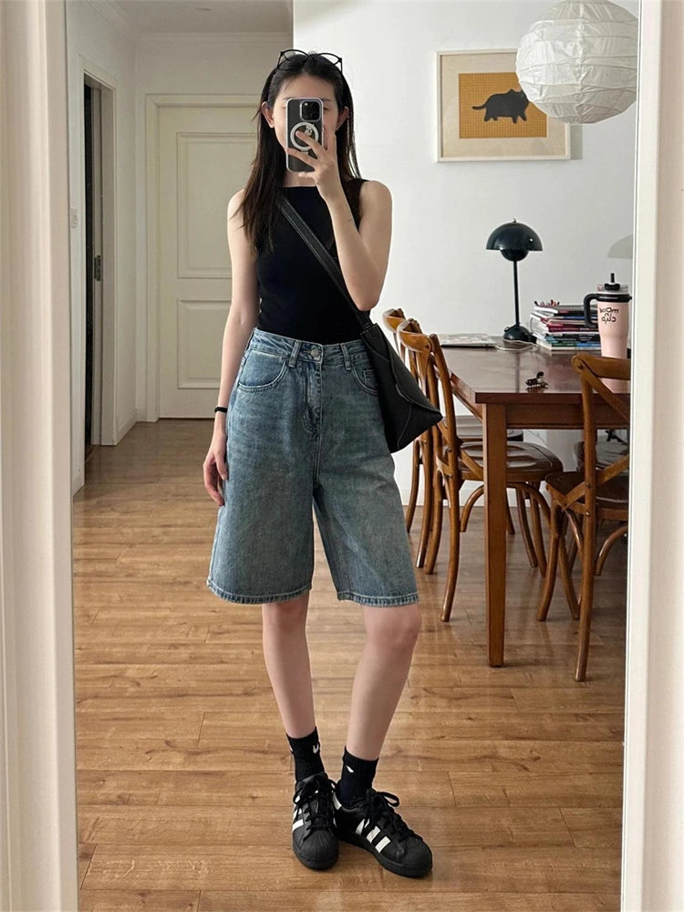 Cyflymder  Summer Women's High Waisted Wide Leg Mid Length Pants Young Girl Bottom Female Large Size Retro Blue Denim Shorts