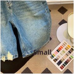 Cyflymder  Retro Fun Rabbit Print Denim orts Casual High Waist Loose Straight Leg Five Crop for Men And Women Faionable Summer Trousers