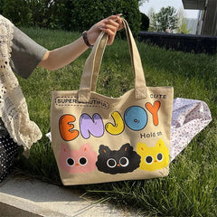Cyflymder  Letter Printed Tote Bag, Cute Cartoon Canvas Handbag Shoulder Bag, Large Capacity Shopping Bag, Campus Computer School Book Bag
