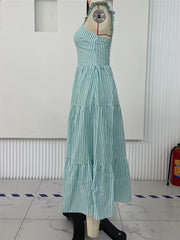 Cyflymder  Women's Elegant Summer Midi Dress Stripe Sleeveless Backless Straps Tiered A-Line Dress for Summer Casual A-line Dress