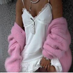 Cyflymder  Thiened Loose Knitted Cardigan Women's V-ne Fake Mink Sweater Soft Autumn New Sle Top Faion Outerwear Coat