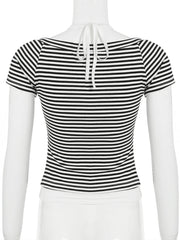 Cyflymder  Casual Patchwork Striped T Shirt Fake 2 Piece Basic Halter O-Neck Short Sleeve Tees Women 2025 Summer Fashion Streetwear