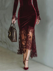Cyflymder  Women's Elegant Velvet Lace Trim Evening Dress Claret Square Collar Bell Sleeve Sexy Sheer Embroidered Hem Bodycon Party Dresses