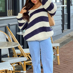 Cyflymder  Women Striped Chunky Knitted Sweater Drop Shoulder Long Sleeve V-Neck Oversized Sweater Pullover Vintage Loose Knit Jumper Tops
