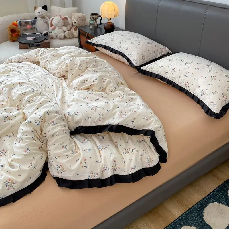 Cyflymder  INS French Style Floral Simple Black Lace Double Layer Gauze Bedding Set Washed Cotton Bed Sheet Fitted Sheet Fresh Quilt Cover