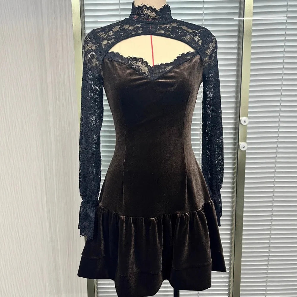 Cyflymder  Spring Autumn Long Sleeve Elegant Velvet Lace Mini Dress Women's Clothing Casual Party Work Evening Office Lady Dresses