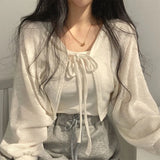 Cyflymder White Knitted Cardigan Women Summer Thin Sunscreen Lace-Up Knitwear Tops Female Korean Style Lantern Sleeve Short Coat